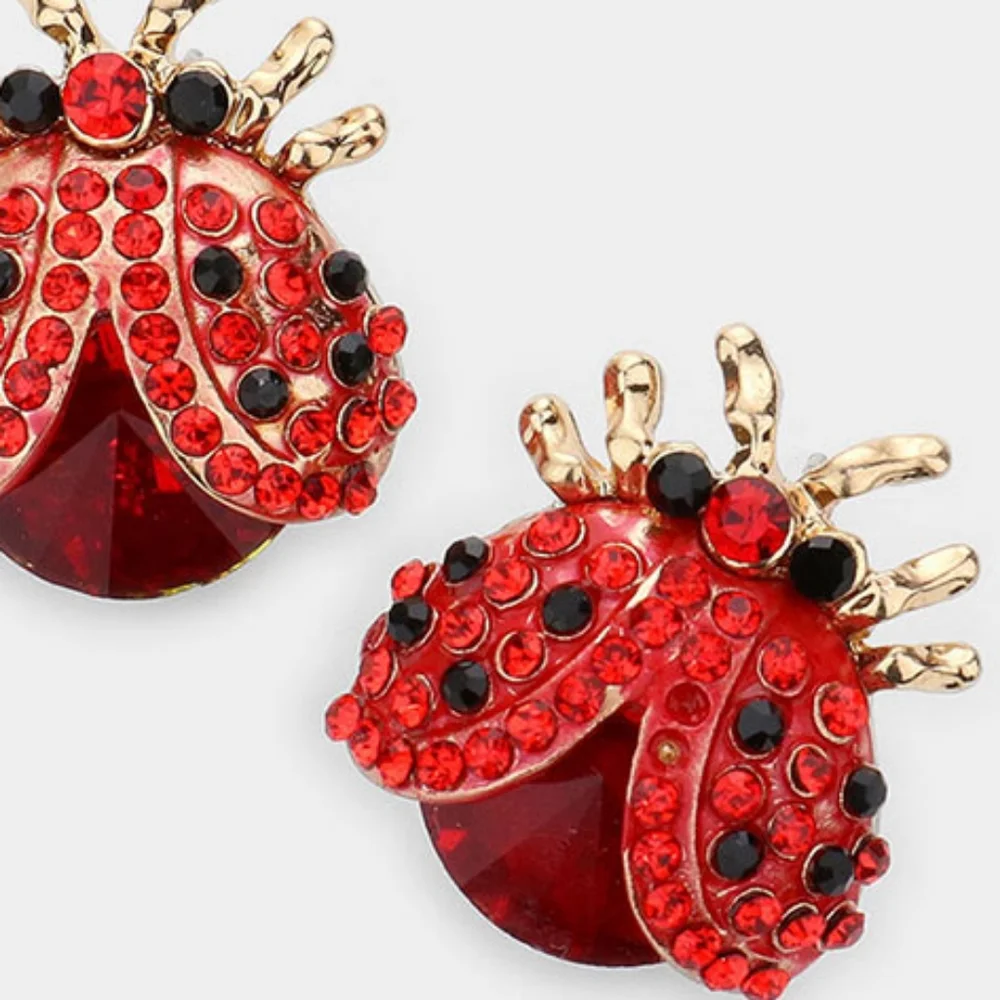 Red Ladybug Rhinestone Crystal Bug Stud Earrings Black Gold Statement Jewelry